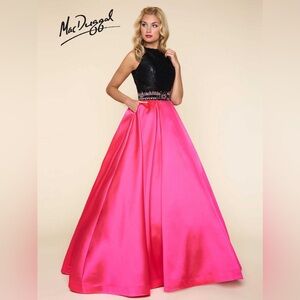 Mac Duggal Dress 65805H Color Block Open Back Ball Gown Black Pink Size 10 HOCO